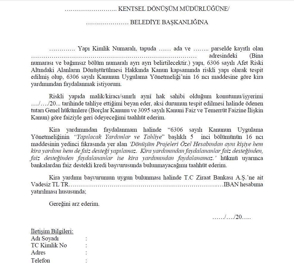 Kentsel Dönüşümde Kira Yardımı Başvurusu Nereye Yapılır? Başvuruda Gerekli Belgeler Nelerdir? 1 Kira Yardimi Basvuru Dilekcesi